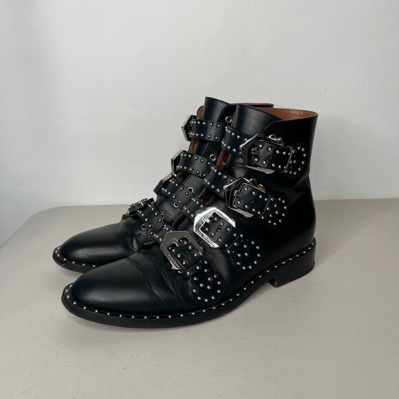 Givenchy Prue Black Leather Buckle Studded Booties Size 7.5 - Picture 3 of 13